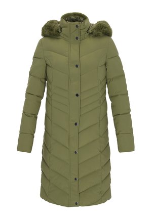 Zielona oliwkowa kurtka ocieplana z kapturem z sztucznego futra, z zamkiem błyskawicznym i guzikami, w wzór w zygzak oraz długimi rękawami.