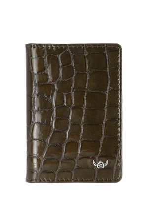 Dunkelbraune Geldbörse aus Leder mit Krokodilstruktur, genähten Kanten und einem kleinen silbernen Emblem in der unteren rechten Ecke.