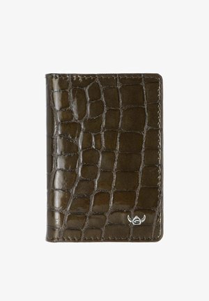Dark brown crocodile-texture leather wallet with stitched edges and a small silver emblem in the bottom right corner.