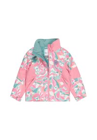 Kinderjacke mit einem rosa und türkisfarbenen Bärenmuster, mit Reißverschluss auf der Vorderseite, weichem Innenfutter und hohem Kragen für zusätzliche Wärme.