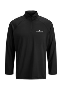 Must värviline neljandik-zippiga pullover on valmistatud siledast ja venivast materjalist. Sellel on logo vasakul rinnal ja pikad käised, millel on siledad õmblused.