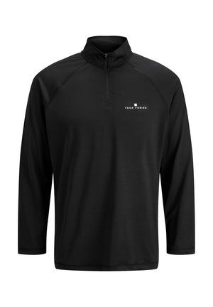 Czarny pulower z kwaterowym zamkiem, wykonany z gładkiego, elastycznego materiału. Posiada logo na lewej piersi oraz długie rękawy z płaskimi szwami.