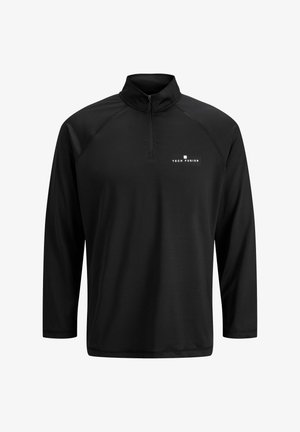 Czarny pulower z kwaterowym zamkiem, wykonany z gładkiego, elastycznego materiału. Posiada logo na lewej piersi oraz długie rękawy z płaskimi szwami.