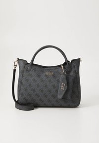 Melna mākslīgās ādas rokas soma ar reljefpatronu, apaļiem augšējiem rokturiem, noņemamu siksnu un nelielu etiķeti ar logotipu.