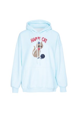 Sweat à capuche bleu clair avec poche avant, illustré d'un chat souriant, d'une pelote de laine bleue et du texte "HAPPY CAT" en rouge au-dessus du chat.