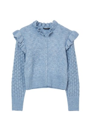 Hellblau gestrickte Strickjacke mit Rüsche an Kragen und Schultern, strukturierten langen Ärmeln und mit Stoff überzogenen Knöpfen auf der Vorderseite.