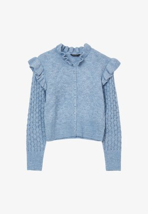 Light blue knitted cardigan with ruffled collar and shoulders, textured long sleeves, and fabric-covered buttons down the front.