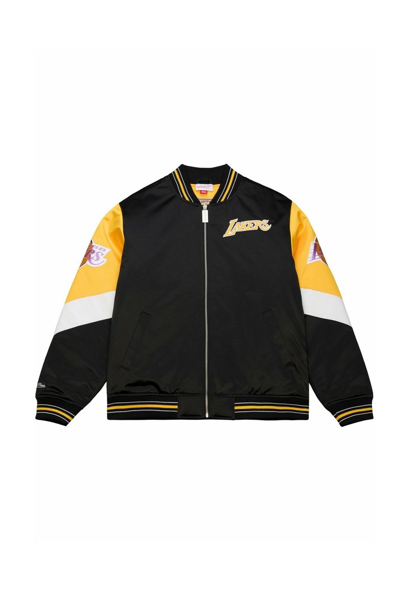 Schwarze und gelbe Collegejacke mit Reißverschluss, gerippten Bündchen und Saum, Teamlogo auf der Brust und Ärmelakzenten mit einem weißen Streifen.