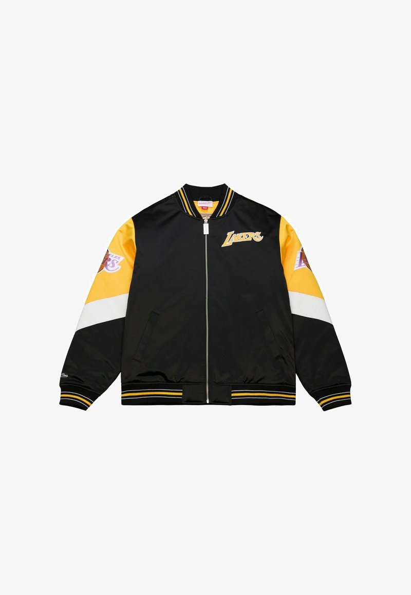 Schwarze und gelbe Collegejacke mit Reißverschluss, gerippten Bündchen und Saum, Teamlogo auf der Brust und Ärmelakzenten mit einem weißen Streifen.