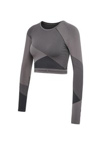 Grauer langärmeliger Cropped-Top mit geometrischen Mustern, das gestreifte Designs und eine glatte Textur aufweist. Hat einen runden Halsausschnitt und eine figura betonte Passform.