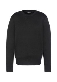 Czarny sweter z okrągłym dekoltem wykonany z miękkiej dzianiny, z prążkowanymi mankietami i dołem. Minimalistyczny design bez wzorów czy akcentów.