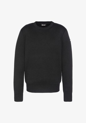 Zwarte crewneck trui van een zachte gebreide stof, met ribbelmanchetten en -zoom. Minimalistisch ontwerp zonder patronen of accenten.