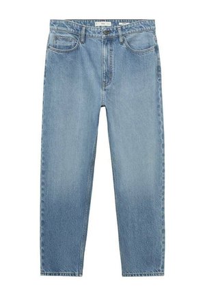 Jeans in denim azzurro chiaro con taglio dritto e tasche frontali, dotati di chiusura a bottone e zip in vita.