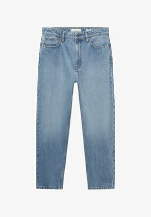 Helleblaue Denim-Jeans mit geradem Bein und Fronttaschen, ausgestattet mit einem Knopf- und Reißverschluss an der Taille.