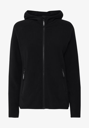 Schwarze Fleece-Jacke mit durchgehendem Reißverschluss, Seitentaschen und eine Kapuze mit Kordelzug. Verfügt über eine glatte Textur und ein klares, schlichtes Design.