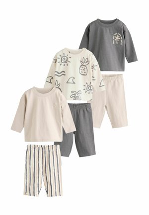 Set of children’s clothing featuring two long-sleeve shirts (one gray, one cream with patterns), two pairs of pants, and striped shorts.