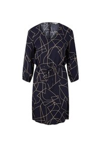 Námořnické šaty z lehké tkaniny, s geometrickým béžovým vzorem, výstřihem do V, tříčtvrtečními rukávy a detailem s vázáním v pase.