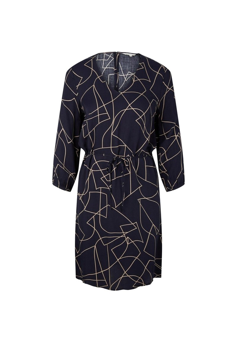 Námořnické šaty z lehké tkaniny, s geometrickým béžovým vzorem, výstřihem do V, tříčtvrtečními rukávy a detailem s vázáním v pase.