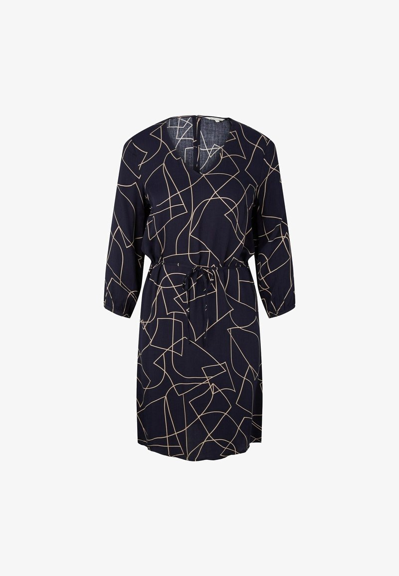 Námořnické šaty z lehké tkaniny, s geometrickým béžovým vzorem, výstřihem do V, tříčtvrtečními rukávy a detailem s vázáním v pase.