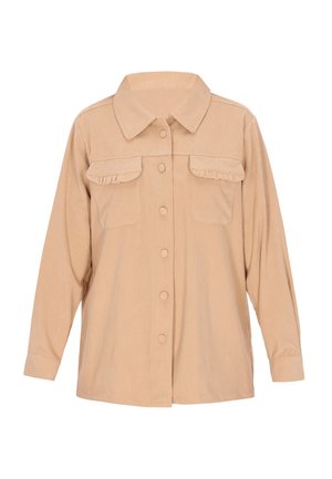 Hnědá kordovská košile s límečkem, dvěma předními kapsami, nařasenými detaily a knoflíkovým zapínáním na přední straně a rukávech.