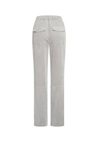 Light gray corduroy pants with elastic waistband and two back flap pockets, straight-leg cut, displayed from the rear.