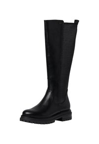 Bottes hautes en cuir noir avec panneau arrière texturé, semelle épaisse cramponnée et languette de traction en haut à l'arrière.