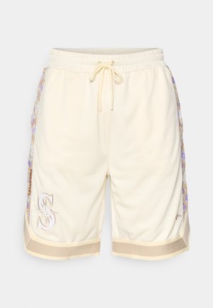 Light cream mesh shorts with a drawstring waist. Features floral patterned side panels and a logo on the hem. Textured fabric.