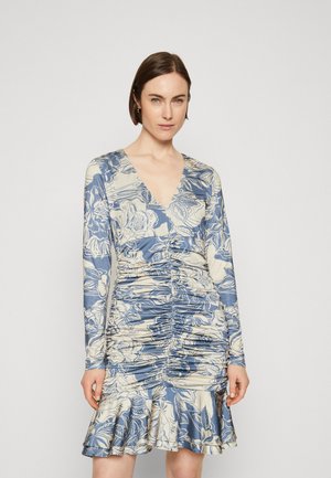 Floral print dress with long sleeves, deep V-neck, and gathered detail. Features a frilled hem and a color palette of blue and cream.