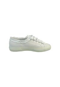 Weiße Low-Top-Sneaker aus strukturiertem Stoff mit einem gerafften Kragen, ausgestattet mit einer flachen Gummisohle und Metallösen für die Schnürsenkel.