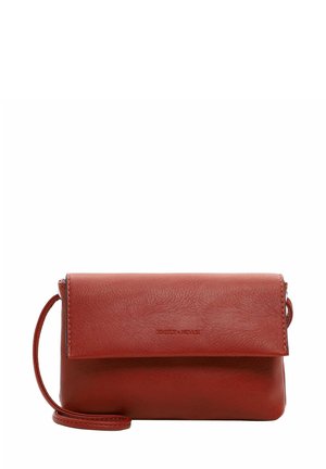 Red leather crossbody bag with a flap closure and a detachable strap. Smooth texture, minimal stitching, featuring a logo embossed on the front.