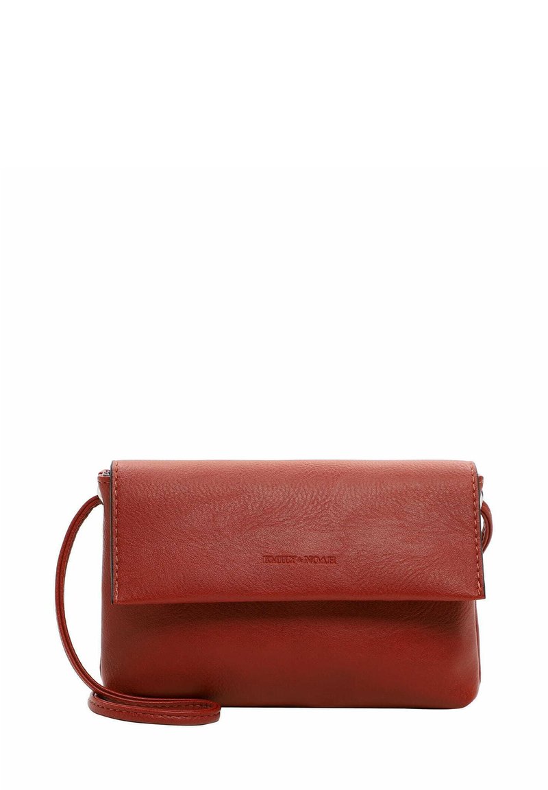 Red leather crossbody bag with a flap closure and a detachable strap. Smooth texture, minimal stitching, featuring a logo embossed on the front.