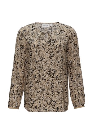 Langarmblouse van beige stof met een vloeiende snit, zwart abstract patroon en een klein strikdetail bij de hals.