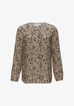 Long-sleeve blouse in beige fabric featuring a flowing design, black abstract print, and a small tie detail at the neckline.