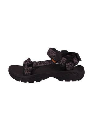 Schwarze und graue Teva Sportsandale mit verstellbaren Riemen und robuster Sohle, entwickelt für Outdoor- und Freizeitaktivitäten.