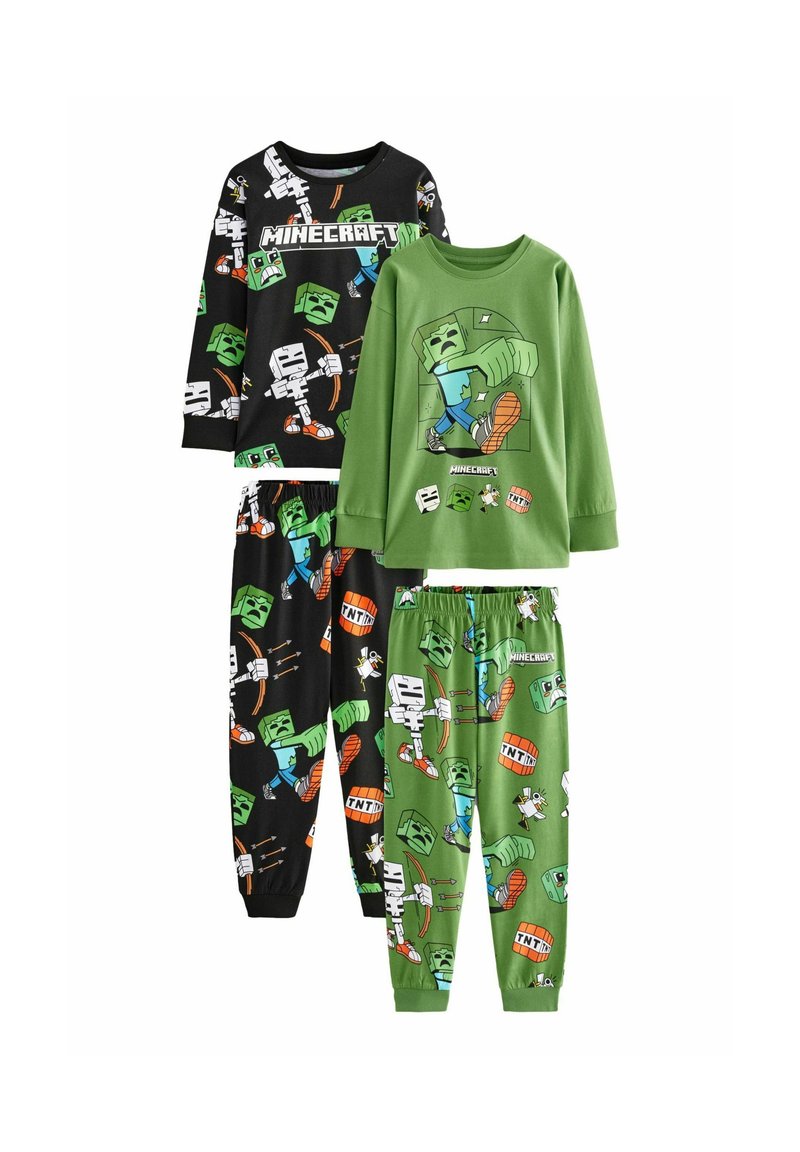 Deux ensembles de pyjama : un noir avec des graphismes variés ; un vert avec des personnages. Tissu doux, manches longues, ceintures élastiques.