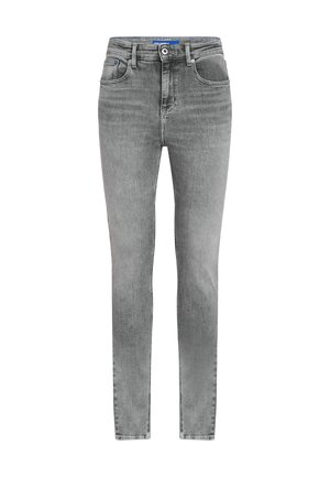 Szürke farmernadrág, slim fit szabásban, magas derékkal, öt zsebbel és gombos záródással. A finom kopás és a sima textúra fokozza a dizájnt.