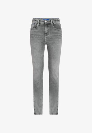 Pelēki denimi džinsi ar šauru piegriezumu, augstu jostu, piecām kabatām un pogu aizdari. Delikāta nolietošana un gluda tekstūra izceļ dizainu.