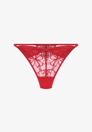 Rode kanten string met ingewikkelde bloemmotieven, dunne bandjes en een gladde stoffen basis. Semi-transparant bovenstuk met een onderstuk in effen kleur.