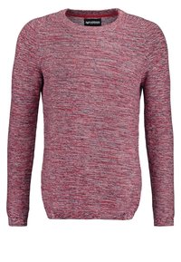 Rode melange gebreide trui met een ronde hals, lange mouwen en ribgebreide manchetten en zoom. Zachte textuur met een gemêleerd patroon.