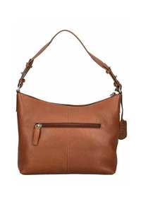 Borsa a tracolla in pelle marrone con texture, con tracolla regolabile, tasca frontale con zip e un piccolo tag in pelle attaccato di lato.