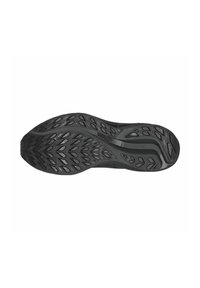 Semelle de chaussure de sport noire avec un design texturé et multipattern pour traction. Présente des contours striés et un léger rebord surélevé.