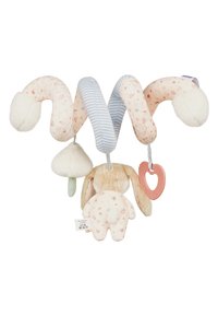 Soft, curved toy made of plush fabric with floral patterns, light pink and blue stripes. Features a bunny, heart-shaped teether, and pom-poms.