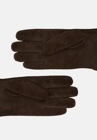 Bruna mockahandskar med en slät textur, med en fingerlös design och en mjuk, rund accent på varje handske.