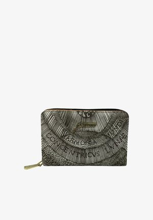 Portafoglio zip con un design vintage, caratterizzato da un tessuto grigio testurizzato e intricati motivi neri. Accessori in metallo dorato alla cerniera.
