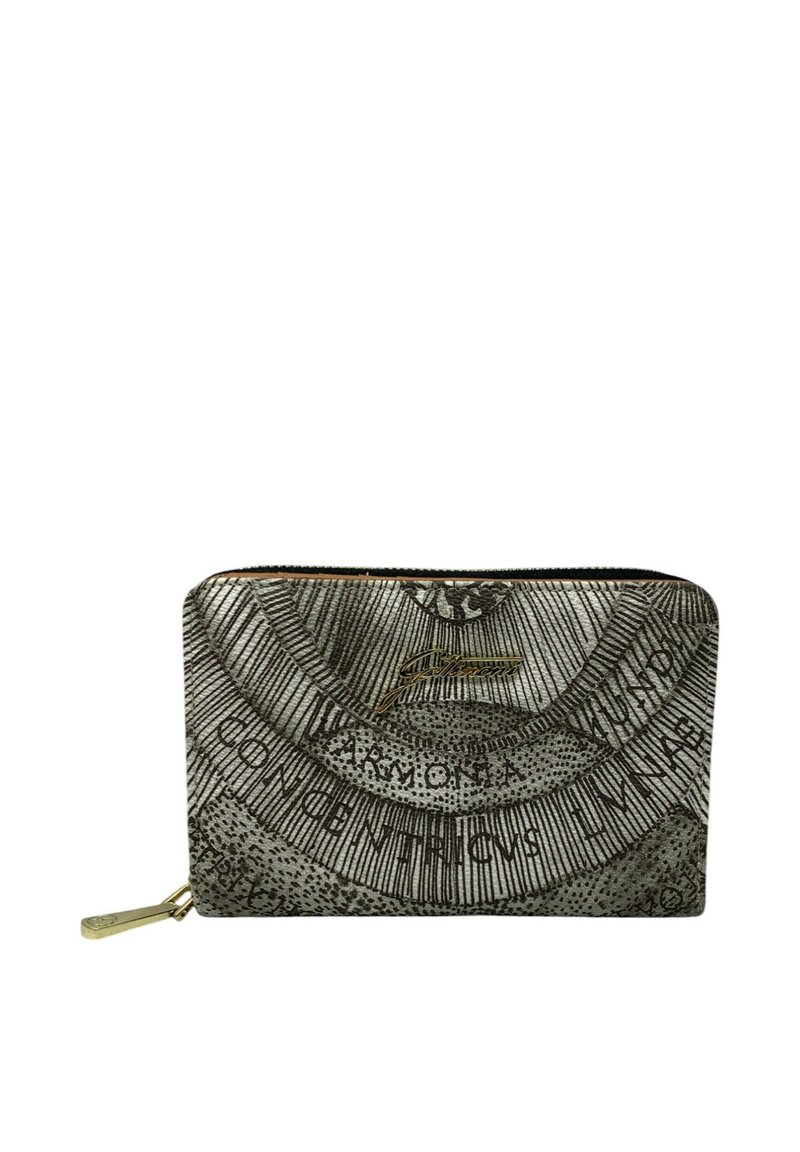 Portafoglio zip con un design vintage, caratterizzato da un tessuto grigio testurizzato e intricati motivi neri. Accessori in metallo dorato alla cerniera.