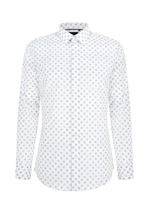 Biała koszula z długim rękawem w niebieski kwiatowy wzór, z zapięciem na guziki z przodu, z wyłogowym kołnierzykiem i okrągłym dołem. Materiał wydaje się gładki z lekką strukturą.