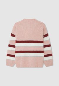 Pink knitted sweater with horizontal stripes in burgundy, white, and silver. Soft texture, ribbed neckline, and cuffs. Back view.