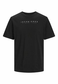T-shirt in cotone nero con maniche corte, colletto rotondo e logo bianco "JACK & JONES since 1980" centrato sulla parte anteriore.