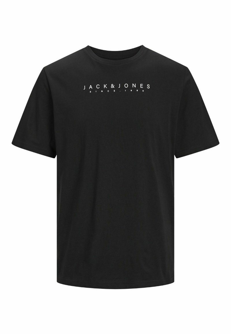 T-shirt in cotone nero con maniche corte, colletto rotondo e logo bianco "JACK & JONES since 1980" centrato sulla parte anteriore.