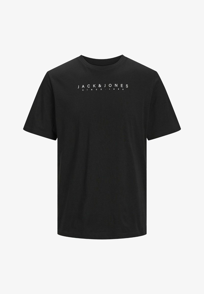 T-shirt in cotone nero con maniche corte, colletto rotondo e logo bianco "JACK & JONES since 1980" centrato sulla parte anteriore.